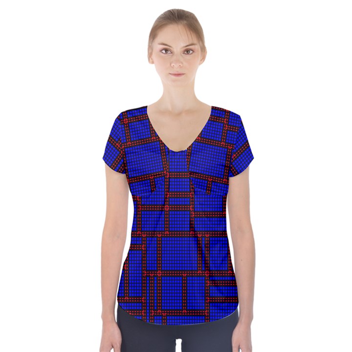 Line Plaid Red Blue Short Sleeve Front Detail Top