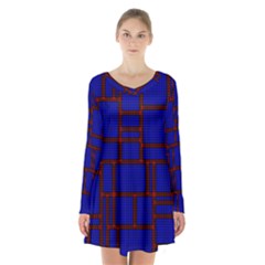 Line Plaid Red Blue Long Sleeve Velvet V-neck Dress