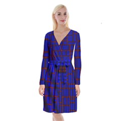 Line Plaid Red Blue Long Sleeve Velvet Front Wrap Dress by Mariart