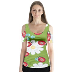 Insect Flower Floral Animals Star Green Red Sunflower Butterfly Sleeve Cutout Tee 