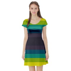 Neon Stripes Line Horizon Color Rainbow Yellow Blue Purple Black Short Sleeve Skater Dress by Mariart