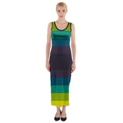 Neon Stripes Line Horizon Color Rainbow Yellow Blue Purple Black Fitted Maxi Dress by Mariart