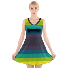 Neon Stripes Line Horizon Color Rainbow Yellow Blue Purple Black V-neck Sleeveless Skater Dress by Mariart