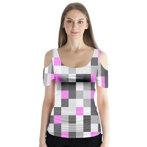 Pink Grey Black Plaid Original Butterfly Sleeve Cutout Tee  by Mariart