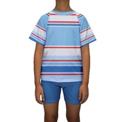 Navy Blue White Red Stripe Blue Finely Striped Line Kids  Short Sleeve Swimwear by Mariart