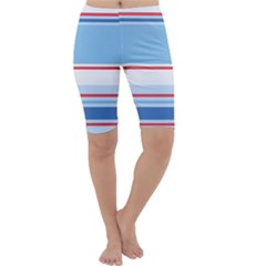 Navy Blue White Red Stripe Blue Finely Striped Line Cropped Leggings  by Mariart