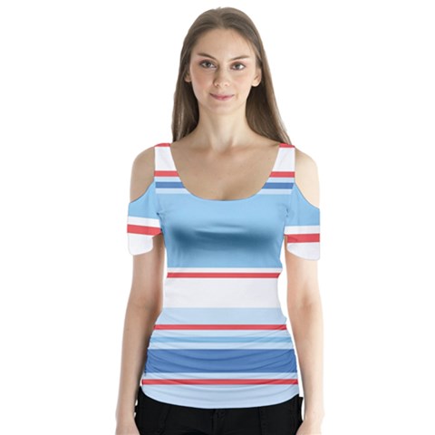 Navy Blue White Red Stripe Blue Finely Striped Line Butterfly Sleeve Cutout Tee  by Mariart