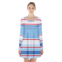 Navy Blue White Red Stripe Blue Finely Striped Line Long Sleeve Velvet V-neck Dress by Mariart