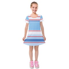 Navy Blue White Red Stripe Blue Finely Striped Line Kids  Short Sleeve Velvet Dress by Mariart