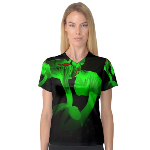 Neon Green Resolution Mushroom Women s V-neck Sport Mesh Tee by Mariart