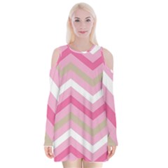 Pink Red White Grey Chevron Wave Velvet Long Sleeve Shoulder Cutout Dress