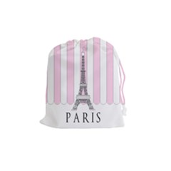 Pink Paris Eiffel Tower Stripes France Drawstring Pouches (medium)  by Mariart