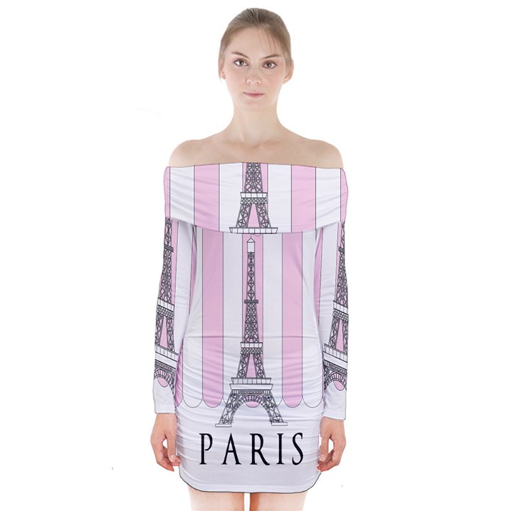 Pink Paris Eiffel Tower Stripes France Long Sleeve Off Shoulder Dress