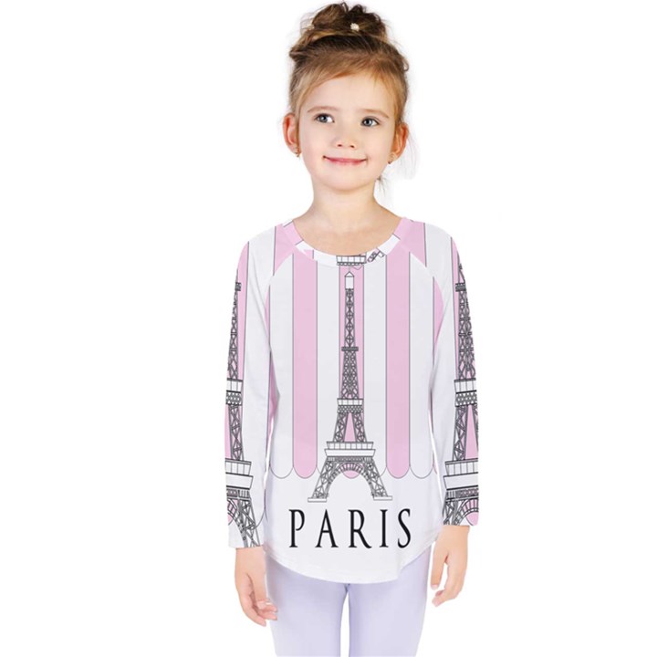 Pink Paris Eiffel Tower Stripes France Kids  Long Sleeve Tee