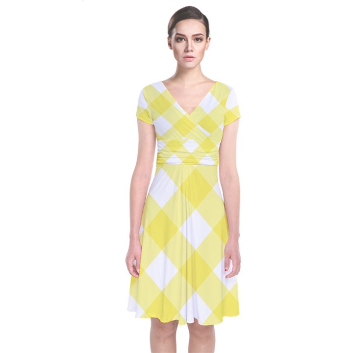 Plaid Chevron Yellow White Wave Short Sleeve Front Wrap Dress