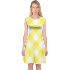 Plaid Chevron Yellow White Wave Capsleeve Midi Dress