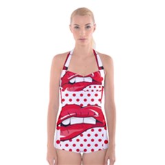 Sexy Lips Red Polka Dot Boyleg Halter Swimsuit  by Mariart