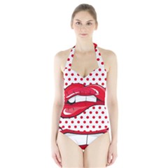 Sexy Lips Red Polka Dot Halter Swimsuit by Mariart