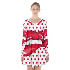 Sexy Lips Red Polka Dot Long Sleeve Velvet V-neck Dress by Mariart