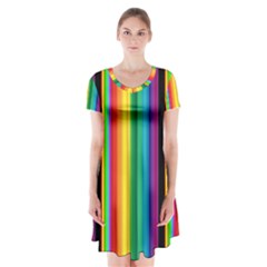 Multi Colored Colorful Bright Stripes Wallpaper Pattern Background Short Sleeve V-neck Flare Dress