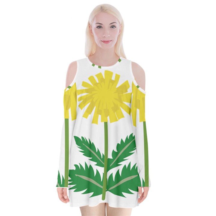 Sunflower Floral Flower Yellow Green Velvet Long Sleeve Shoulder Cutout Dress