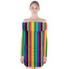 Multi Colored Colorful Bright Stripes Wallpaper Pattern Background Long Sleeve Off Shoulder Dress