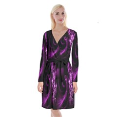 Purple Flower Floral Long Sleeve Velvet Front Wrap Dress