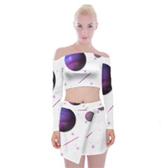 Space Transparent Purple Moon Star Off Shoulder Top With Skirt Set