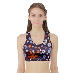 Bright Colorful Busy Large Retro Floral Flowers Pattern Wallpaper Background Sports Bra With Border by Nexatart