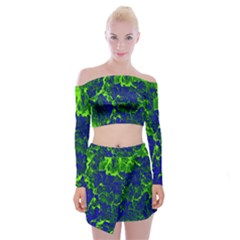 Abstract Green And Blue Background Off Shoulder Top With Skirt Set