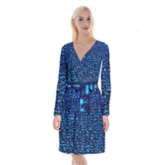 Blue Box Background Pattern Long Sleeve Velvet Front Wrap Dress