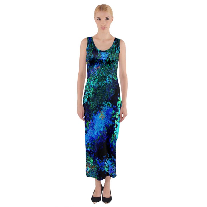 Underwater Abstract Seamless Pattern Of Blues And Elongated Shapes Fitted Maxi Dress