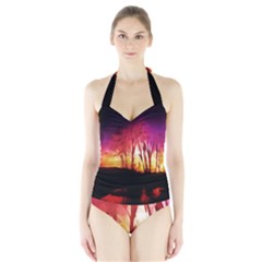 Fall Forest Background Halter Swimsuit by Nexatart