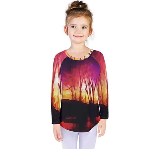 Fall Forest Background Kids  Long Sleeve Tee by Nexatart