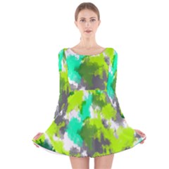 Abstract Watercolor Background Wallpaper Of Watercolor Splashes Green Hues Long Sleeve Velvet Skater Dress by Nexatart