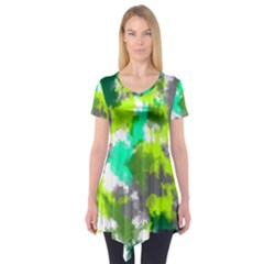 Abstract Watercolor Background Wallpaper Of Watercolor Splashes Green Hues Short Sleeve Tunic 