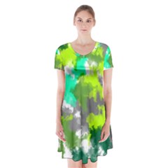 Abstract Watercolor Background Wallpaper Of Watercolor Splashes Green Hues Short Sleeve V-neck Flare Dress