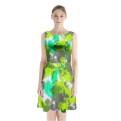 Abstract Watercolor Background Wallpaper Of Watercolor Splashes Green Hues Sleeveless Chiffon Waist Tie Dress