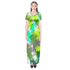 Abstract Watercolor Background Wallpaper Of Watercolor Splashes Green Hues Short Sleeve Maxi Dress