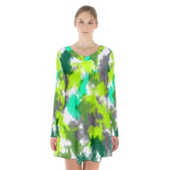 Abstract Watercolor Background Wallpaper Of Watercolor Splashes Green Hues Long Sleeve Velvet V-neck Dress by Nexatart