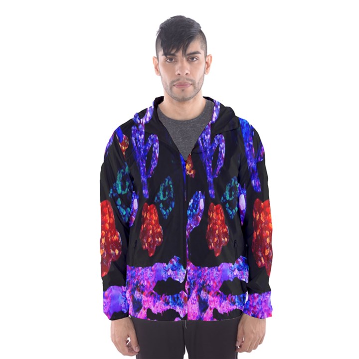 Grunge Abstract In Black Grunge Effect Layered Images Of Texture And Pattern In Pink Black Blue Red Hooded Wind Breaker (Men)