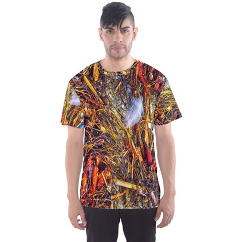 Abstract In Orange Sealife Background Abstract Of Ocean Beach Seaweed And Sand With A White Feather Men s Sport Mesh Tee by Nexatart