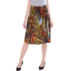 Abstract In Orange Sealife Background Abstract Of Ocean Beach Seaweed And Sand With A White Feather Midi Beach Skirt by Nexatart