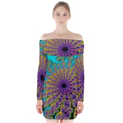 Beautiful Mandala Created With Fractal Forge Long Sleeve Off Shoulder Dress by Nexatart