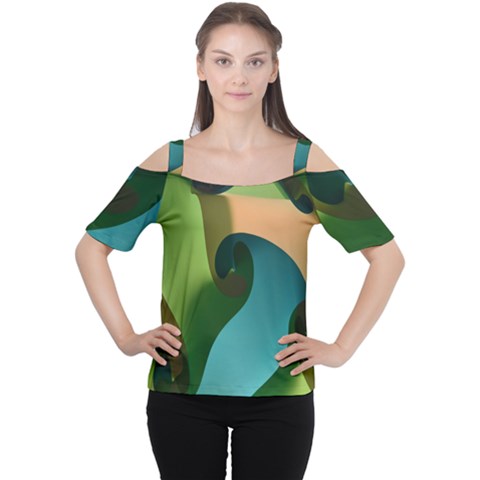 Ribbons Of Blue Aqua Green And Orange Woven Into A Curved Shape Form This Background Women s Cutout Shoulder Tee by Nexatart