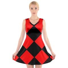 Red Black square Pattern V-Neck Sleeveless Skater Dress