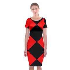 Red Black square Pattern Classic Short Sleeve Midi Dress