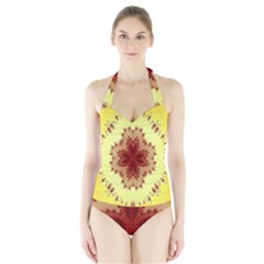 Yellow Digital Kaleidoskope Computer Graphic Halter Swimsuit by Nexatart