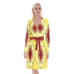 Yellow Digital Kaleidoskope Computer Graphic Long Sleeve Velvet Front Wrap Dress