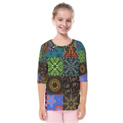 Digitally Created Abstract Patchwork Collage Pattern Kids  Quarter Sleeve Raglan Tee